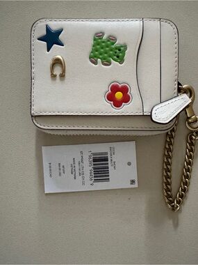 Coach Sticker Print  Leather ID Card Holder with Gold Chain